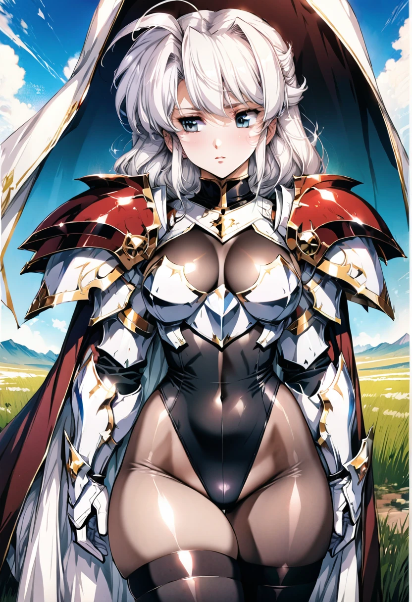((highest quality)), ((masterpiece)), ((hyperrealistic)), (detailed background), anime style, 1girl, ((curvy: 1.2)), (looking away:1.4), kawaii, paladin, ((black lame leotard)), ((catsuit leotard)), (paladin armor), (breastplate armored dress), cloak de cour, gauntlet, gloves, white hair, ahoge, (large breasts), (see-through cleavage cutout), (zettai ryouiki black thigh high socks), (see-through pantyhose thighs), (pantyhose groin area), beautiful eyes, perfect face, Perfect hands, perfect fingers, Blue sky and grassland,