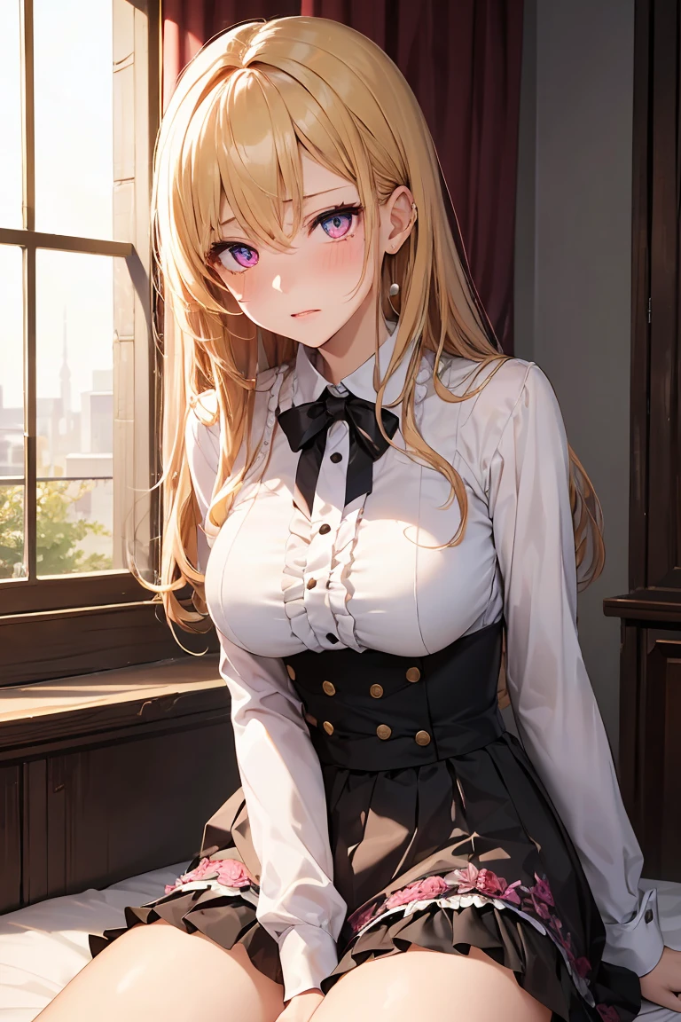 ((highest quality、High resolution、masterpiece))、Blonde、Cosplayer Beautiful Girl、skirt、Embarrassed face、((She shows her pussy))、Love juice