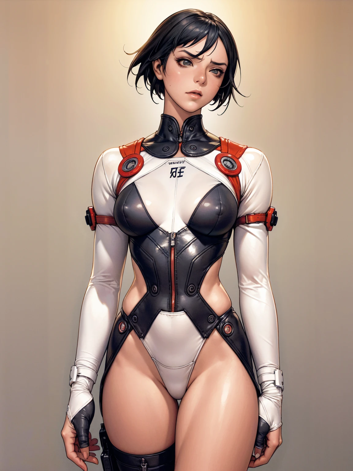 (((Annie Lennox))), ((( transparent suit ))), (((bandaged arms))), ((high collar)), (((Ryuko Matoi))), (((micro skirt with vertical seams))), (((best qualityer: 1.4))), (Unbeatable masterpiece), (hiper HD),(CG 8k hyper-realistic), (((brave face))), (((breasts big))), (((hyper feminine))), sexly girl, Thor,(black bob hair)), ((( sculptural body ))), (((1 Kizi))), Kizi cibernética de 25 anos com perfectbody,,Beautiful and well-groomed face,muscular body:1.2,solid color detailed jacket, (Head to thigh photos), Complex equipment, green dark,long pants,Tight clothes are dark,With white stars and off-white stripes,,,,,Armor Metal Electronic Parts) INFO, Kizi, (((standing alone))), pirralha violent, ((())), sexly, pose de atitude, work of art, post-apocalypse, (((manga style))), bounty hunter, violent, Manic, the way you want, slenderbody, thin but strong, perfectbody, roupa moderna, advanced technology, neon, sleeves with vertical striped pattern, neutral background, (( cowboy shot )). intricate visual