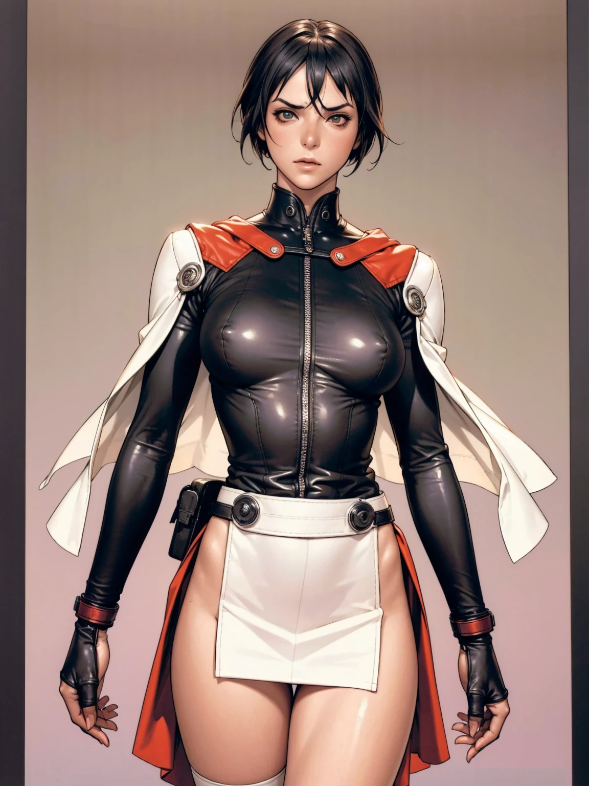 (((Annie Lennox))), ((( transparent suit ))), (((bandaged arms))), ((high collar)), (((Ryuko Matoi))), (((micro skirt with vertical seams))), (((best qualityer: 1.4))), (Unbeatable masterpiece), (hiper HD),(CG 8k hyper-realistic), (((brave face))), (((breasts big))), (((hyper feminine))), sexly girl, Thor,（black bob hair)), ((( sculptural body ))), (((1 Kizi))), Kizi cibernética de 25 anos com perfectbody,,Beautiful and well-groomed face,muscular body:1.2,solid color detailed jacket, (Head to thigh photos), Complex equipment, green dark，long pants，Tight clothes are dark，With white stars and off-white stripes,,,,,Armor Metal Electronic Parts) INFO, Kizi, (((standing alone))), pirralha violent, (((14歳))), sexly, pose de atitude, work of art, post-apocalypse, (((manga style))), bounty hunter, violent, Manic, the way you want, slenderbody, thin but strong, perfectbody, roupa moderna, advanced technology, neon, sleeves with vertical striped pattern, neutral background, (( cowboy shot )). intricate visual