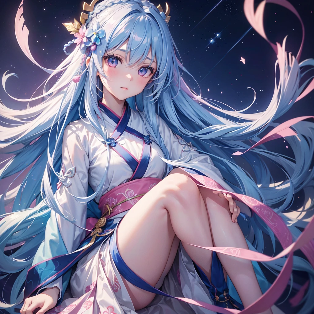 (Sky blue braid hair),Pink Eyes,Fair skin ,(whole body),(One girl),Hanfu,Tanabata,(The beautiful, sparkling Milky Way in the night sky),Lonely Eyes,,(masterpiece, Highest quality, Very detailed, Best Shadow), (Detailed Background), (Beautifully detailed face), High Contrast, (Best lighting, Very delicate and beautiful), ((Cinematic Light)), colorful, Hyper Detail, Dramatic Light, Intricate details,