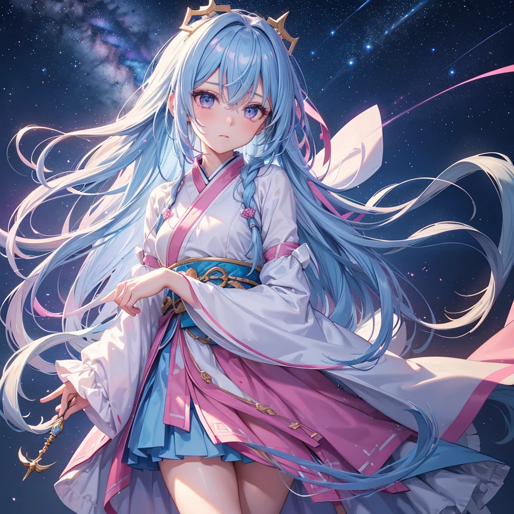 (Sky blue braid hair),Pink Eyes,Fair skin ,(whole body),(One girl),Hanfu,Tanabata,(The beautiful, sparkling Milky Way in the night sky),Lonely Eyes,,(masterpiece, Highest quality, Very detailed, Best Shadow), (Detailed Background), (Beautifully detailed face), High Contrast, (Best lighting, Very delicate and beautiful), ((Cinematic Light)), colorful, Hyper Detail, Dramatic Light, Intricate details,
