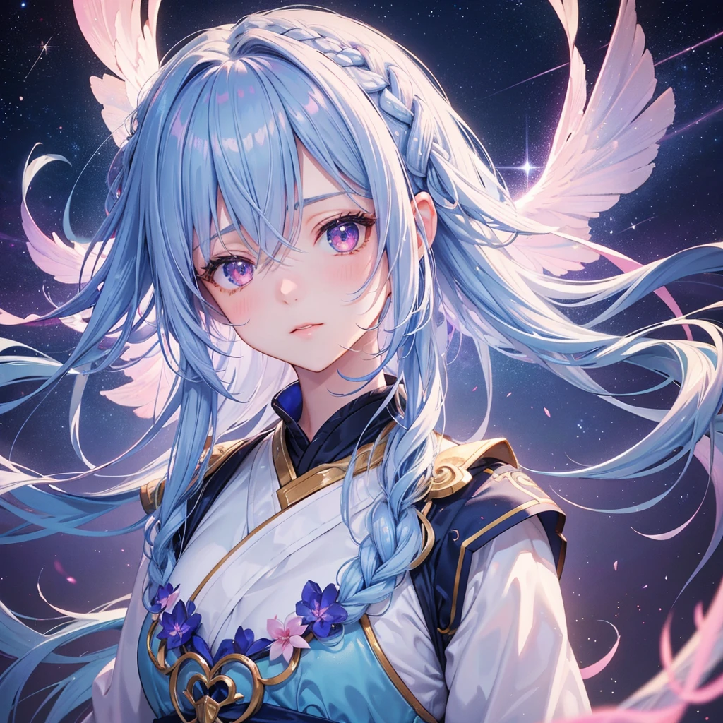 (Sky blue braid hair),Pink Eyes,Fair skin ,(whole body),(One girl),Hanfu,Tanabata,(The beautiful, sparkling Milky Way in the night sky),Lonely Eyes,,(masterpiece, Highest quality, Very detailed, Best Shadow), (Detailed Background), (Beautifully detailed face), High Contrast, (Best lighting, Very delicate and beautiful), ((Cinematic Light)), colorful, Hyper Detail, Dramatic Light, Intricate details,