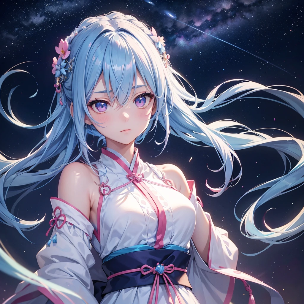 (Sky blue braid hair),Pink Eyes,Fair skin ,(whole body),(One girl),Hanfu,Tanabata,(The beautiful, sparkling Milky Way in the night sky),Lonely Eyes,,(masterpiece, Highest quality, Very detailed, Best Shadow), (Detailed Background), (Beautifully detailed face), High Contrast, (Best lighting, Very delicate and beautiful), ((Cinematic Light)), colorful, Hyper Detail, Dramatic Light, Intricate details,