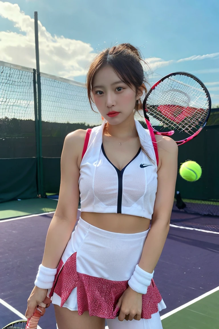 (8K, Highest quality, masterpiece: 1.2), (Realistic, Realistic: 1.37), Very detailed, 1 Girl, 20-year-old, big, beauty, cute, smile, alone, Tennis Wear, mini skirt, White base、Beautiful thighs、beautiful cameltoe、Tennis court, racket, Tennis ball, (Nose redness), (smile: 1.15), (Mouth open), Beautiful Eyes, (Long Hair: 1.2), Floating Hair Nova Frog Style, Upper Body