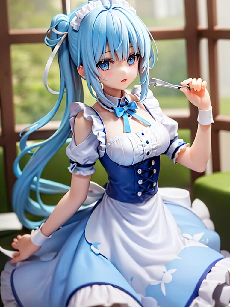 One Girl,Light blue hair,Yellow and light blue eyes,Odd Eye,Long ponytail,Bangs,Ahoge,Maid clothes,Big white ribbon in hair,Android