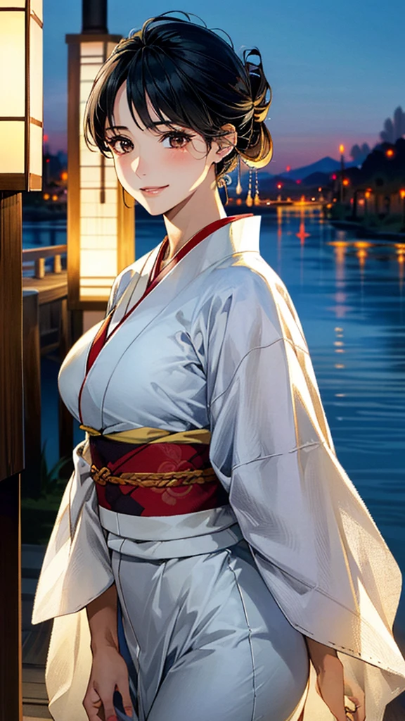 (masterpiece:1.3, Highest quality, Ultra-high resolution, Very detailed), (Realistic, photoRealistic:1.4), Beautiful illustrations, Perfect lighting, colorful, Written boundary depth,
Beautiful detailsまでこだわった髪, Beautifully detailed face, Beautiful details, Beautiful clavicle, Beautiful body, 美しいLarge Breasts, Beautiful thighs, Beautiful legs, Beautiful fingers,
Show Viewer、Front view:0.6, beauty1人, Japanese, beauty、30 years old, Perfect Face, (Perfect Anatomy, Anatomically correct), Cute and symmetrical face, , , Shiny skin,
Neat and clean kimono、White and red tones、
(Black Hair, Updo Hair:1.4), Dark brown eyes, Large Breasts, The body is slim,
hair ornaments、
(Beautiful views), (night), (Riverside), Standing with good posture, 優しいsmile、(smile, Lips parted),