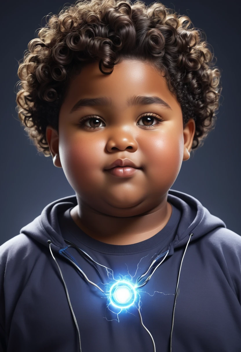 Make a  boy black, chubby guy with curly hair who has electrical powers 