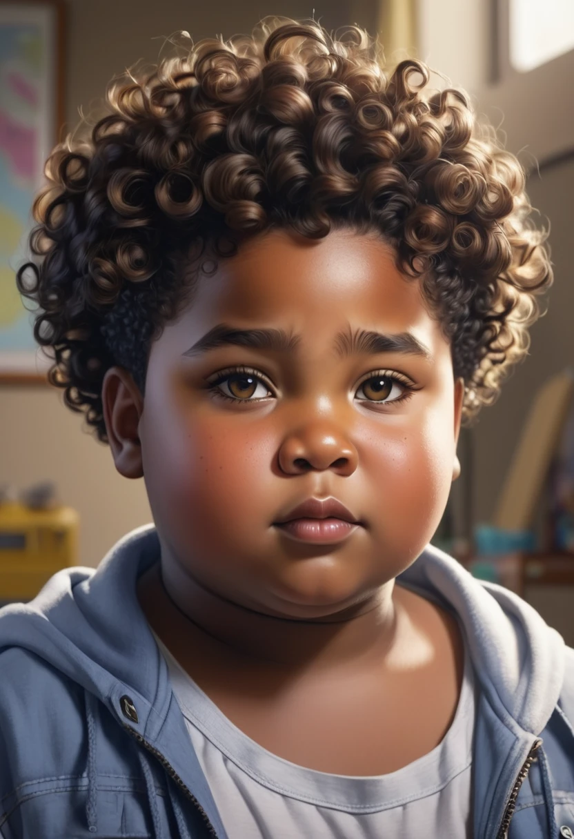 Make a  boy black, chubby guy with curly hair who has electrical powers 