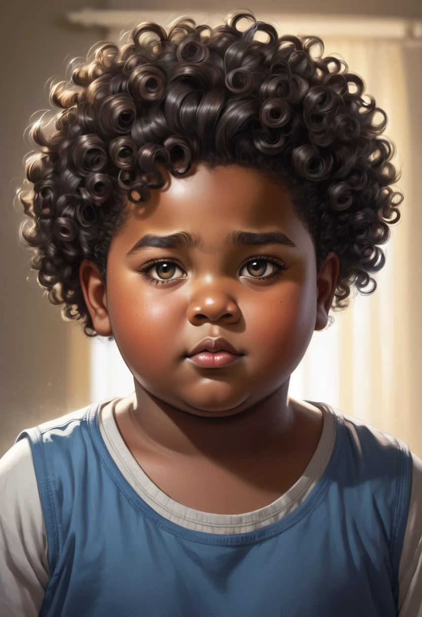 Make a  boy black, chubby guy with curly hair who has electrical powers 