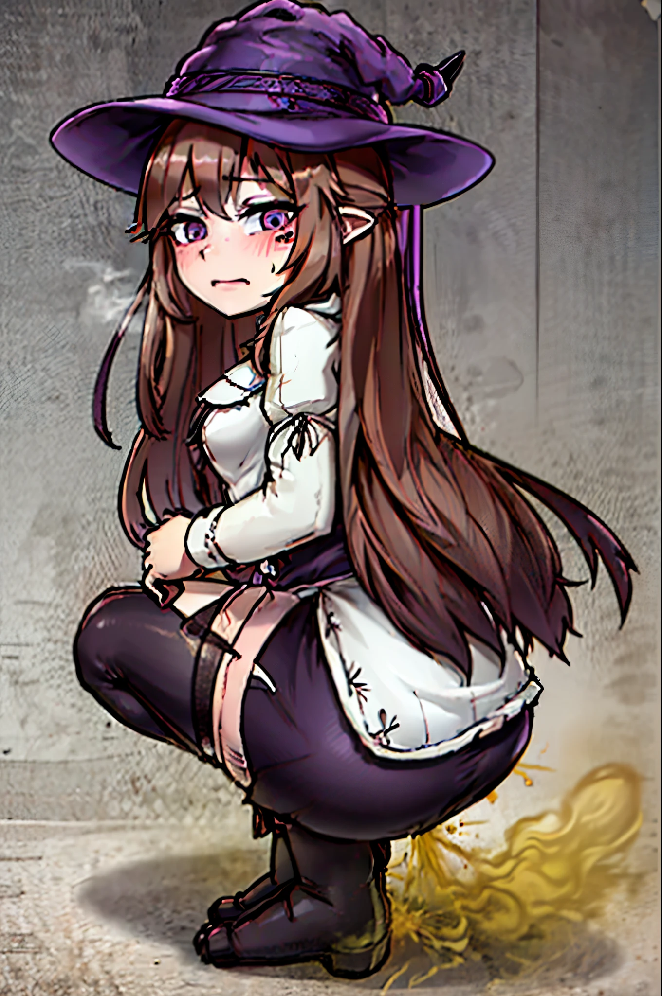 Witch Hat (Brown Hair) Long Hair (((Small breasts))) (Purple Eyes) ((())) (Slanted Eyes) (((low length))) ,(Turn around)  (((solo))),  Embarrassed,  blush, uniform、 (((A girl farts)))Standing with legs together、((Squat))
、(Holding on)((Her butt is facing me))  (((Loli face)))(((Yellow gas leaking from the anus)))(((high quality)))