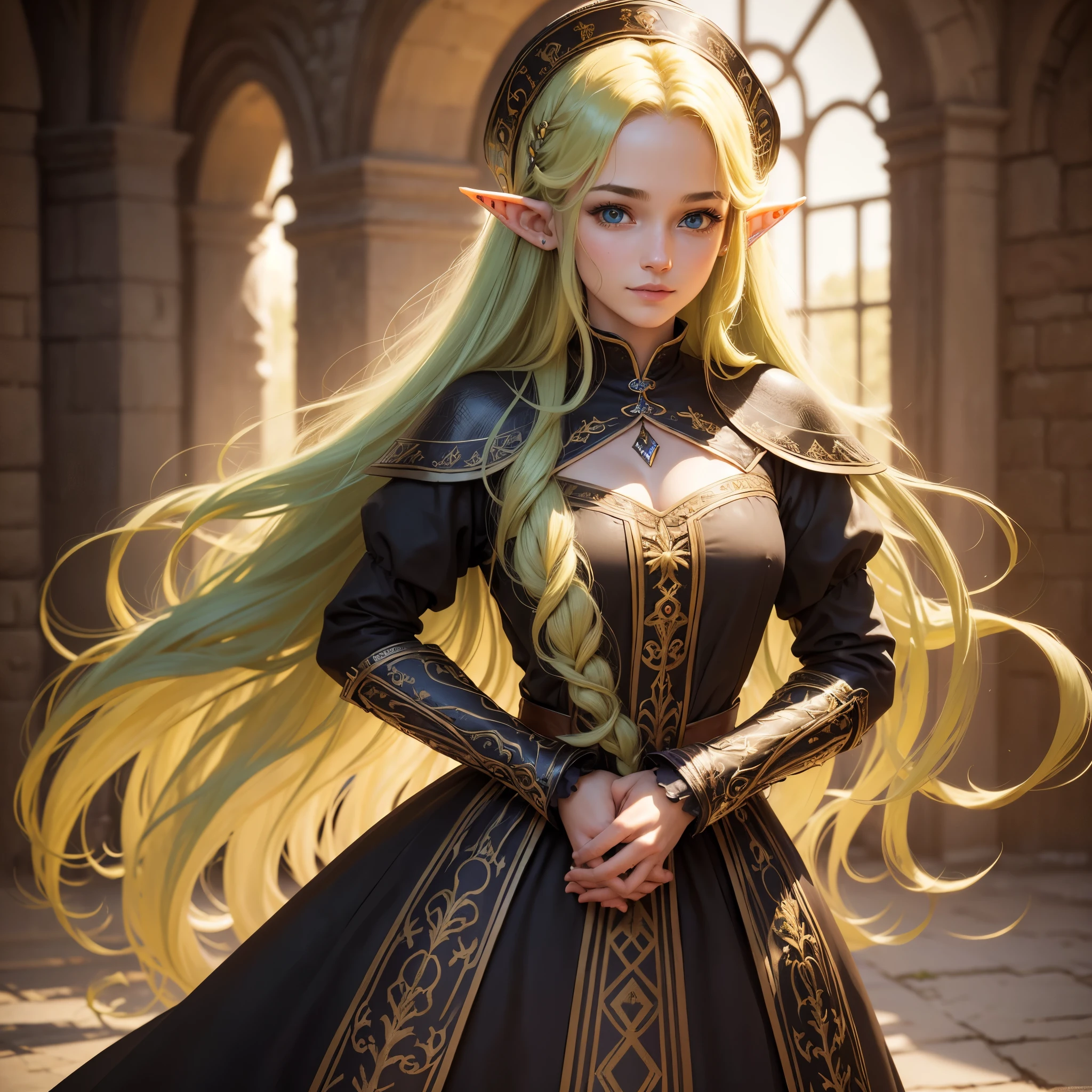 sup((best quality)), ((masterpiece)), (detailed), Prize-winning works, with incredible details, maximum textures and details, supHD ,8K,super resolution ,depth of field, retina, masterpiece, anatomically correct, textured skin, super detail, high details, highres ,an elf ,wearing medieval dress with lots of details1 Medieval female fantasy RPG elf,hair in the wind,very long light green wavy braid hair ,((yellow black hair,)),shy smile,similar to the work of JRR Tolkien,longCap ,fully body, hyper-detailed piercing eyes , (25 year old young man :1.1,detailedeyes, face detailed, whole body:1.1,the background is a magnificent castle similar to Castello de Chambord ),(best qualityer:1.2,ultra detali:1.1,realisitic:1.37) ,eyeshadows,sharp focus,swirly vibrant colors,)