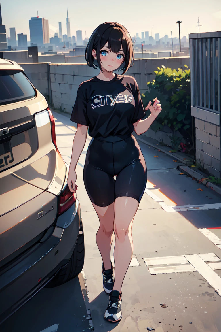 masterpiece, best quality, highly detailed background, perfect lighting, best quality, (extremely detailed face), volumetric lighting, intricate details, shadow, tonemapping, sharp focus, hyper detailed, trending on Artstation, (solo) ((Looking at the viewer)), ((city background)) .Girl with medium black hair. Blue eyes. curvy. Blush, Clear skin. Big bust. Smile ((Scantily clad)) ((Sports shoes)) ((black clothes))
