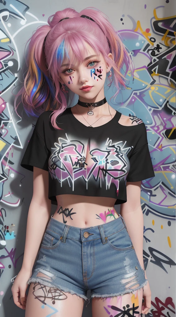 master-piece, bestquality, teen girl, crop top, shorts jeans, choker, (Graffiti:1.5), color splashes, arm behind back, against a brick wall., looking at the audience,  Very charming., Thigh strap, Paint on the body., Head tilt, smirk, multicolored hair, Water bud, Shapely, Skinny, 30k, 3D, cinematic light, Breathtaking light, Shallow depth of light, Exquisite clothing details, high-detail, UDR, Sharp focus, Physics-based rendering