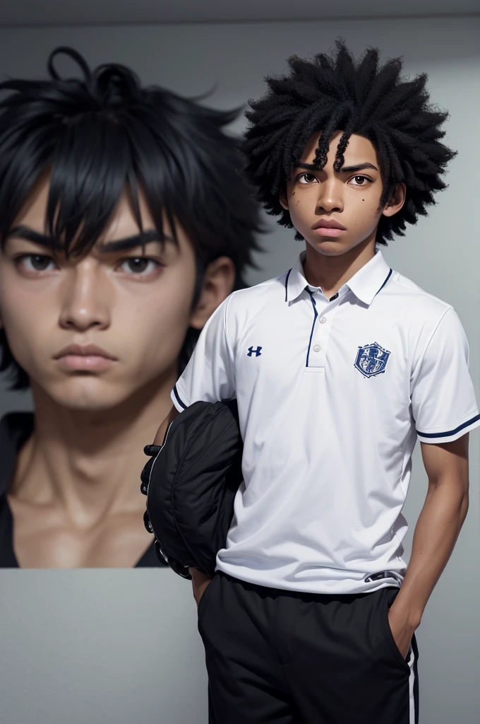 Screenshot Boku no Hero style, a dark-skinned Brazilian boy, black eyes, curly black hair, with a serious expression, wearing the UA uniform