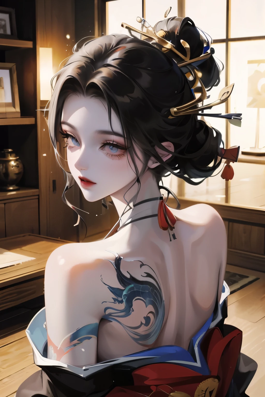 masterpiece, Top quality, best quality, Official Art, beautiful and aesthetic:1.2),1 Girl, Tattoo, Solitary, Japanese clothes, Red and black kimono, Hair accessories, unsheathing, Black Hair, sheath, back Tattoo, dragon Tattoo, blue eyes, Off-shoulder, Bare shoulders, look back, From the back, flower, Looking at the audience, Keep, cosmetic, outdoor,