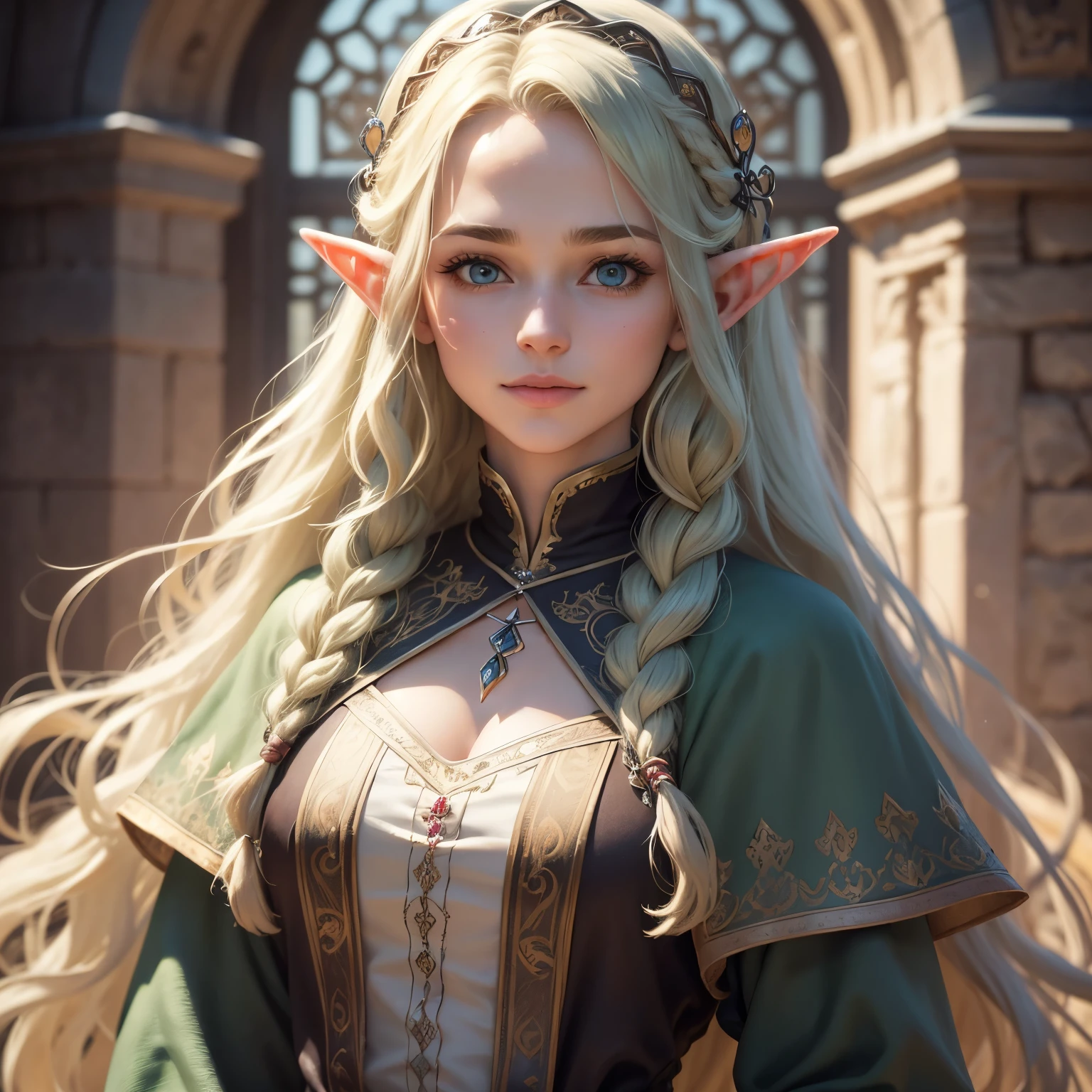 sup((best quality)), ((masterpiece)), (detailed), Prize-winning works, with incredible details, maximum textures and details, supHD ,8K,super resolution ,depth of field, retina, masterpiece, anatomically correct, textured skin, super detail, high details, highres ,an elf ,wearing medieval dress with lots of details1 Medieval female fantasy RPG elf,hair in the wind,very long light green wavy braid hair ,((hair,)),shy smile,similar to the work of JRR Tolkien,longCap ,fully body, hyper-detailed piercing eyes , (25 year old young man :1.1,detailedeyes, face detailed, whole body:1.1,the background is a magnificent castle similar to Castello de Chambord ),(best qualityer:1.2,ultra detali:1.1,realisitic:1.37) ,eyeshadows,sharp focus,swirly vibrant colors,) 