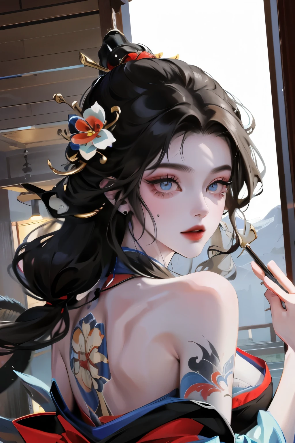 masterpiece, Top quality, best quality, Official Art, beautiful and aesthetic:1.2),1 Girl, Tattoo, Solitary, Japanese clothes, Red and black kimono, Hair accessories, unsheathing, Black Hair, sheath, back Tattoo, dragon Tattoo, blue eyes, Off-shoulder, Bare shoulders, look back, From the back, flower, Looking at the audience, Keep, cosmetic, outdoor,