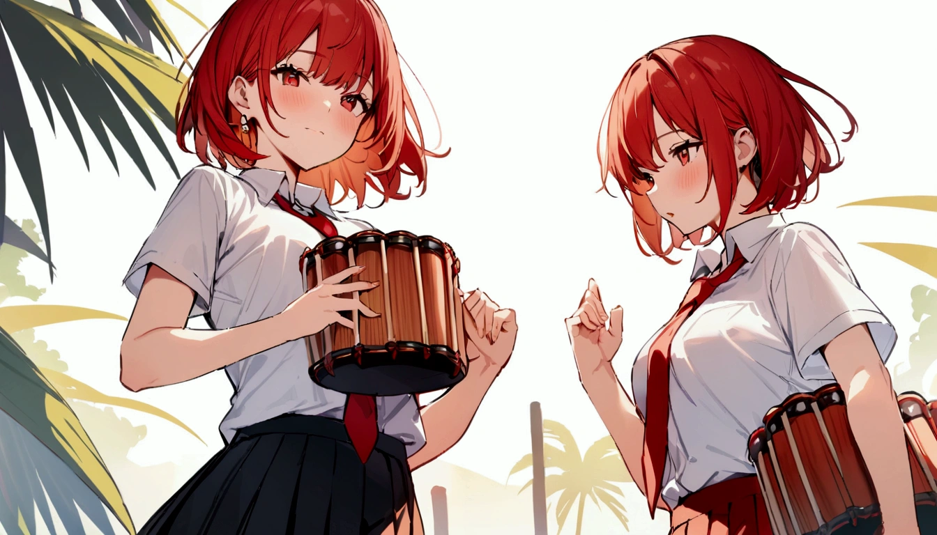 short hair, Red eyes,tie, girl,One person, Collared shirt, White shirt, Short sleeve, Pleated skirt, student, Highest quality, masterpiece, High resolution, summer,Playing the bongos、