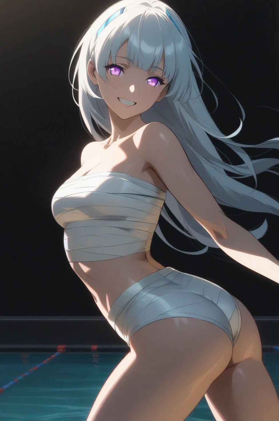 best quality, amazing quality, very aesthetic, absurdres, (1girl, noa, blue archive, solo, purple eyes), (realistic face:0.9),(sarashi:1.8), ( grin, thigh:1.3), (cowboy shot), (glowing eyes), (half closed eyes:0.9), (ass), (official art:1.3), (pool), expressive eyes, perfect face, extremely detailed eyes, perfect anatomy, smooth skin, (black background:1.5), clear eyes, beautiful face, breasts, (anime style:1.7), (Warm Light:1.5), (highres:2), (Chiaroscuro)