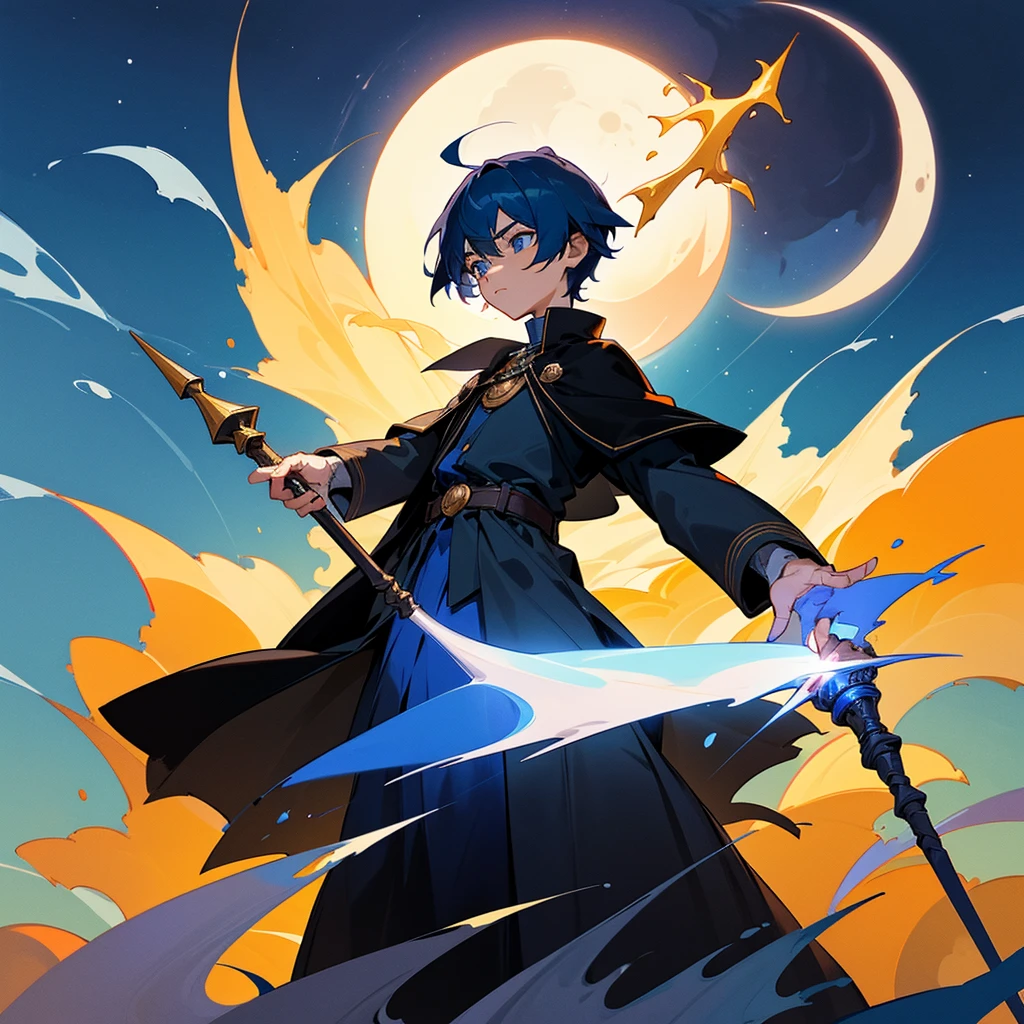 Create a 10-year-old boy who has navy blue hair, who has a half orange and half black shirt, the sun and the moon, who has a blue moon staff that guards his powers and who has the power of the eclipse with his black cloak of the moon and his sun wizard's cottage