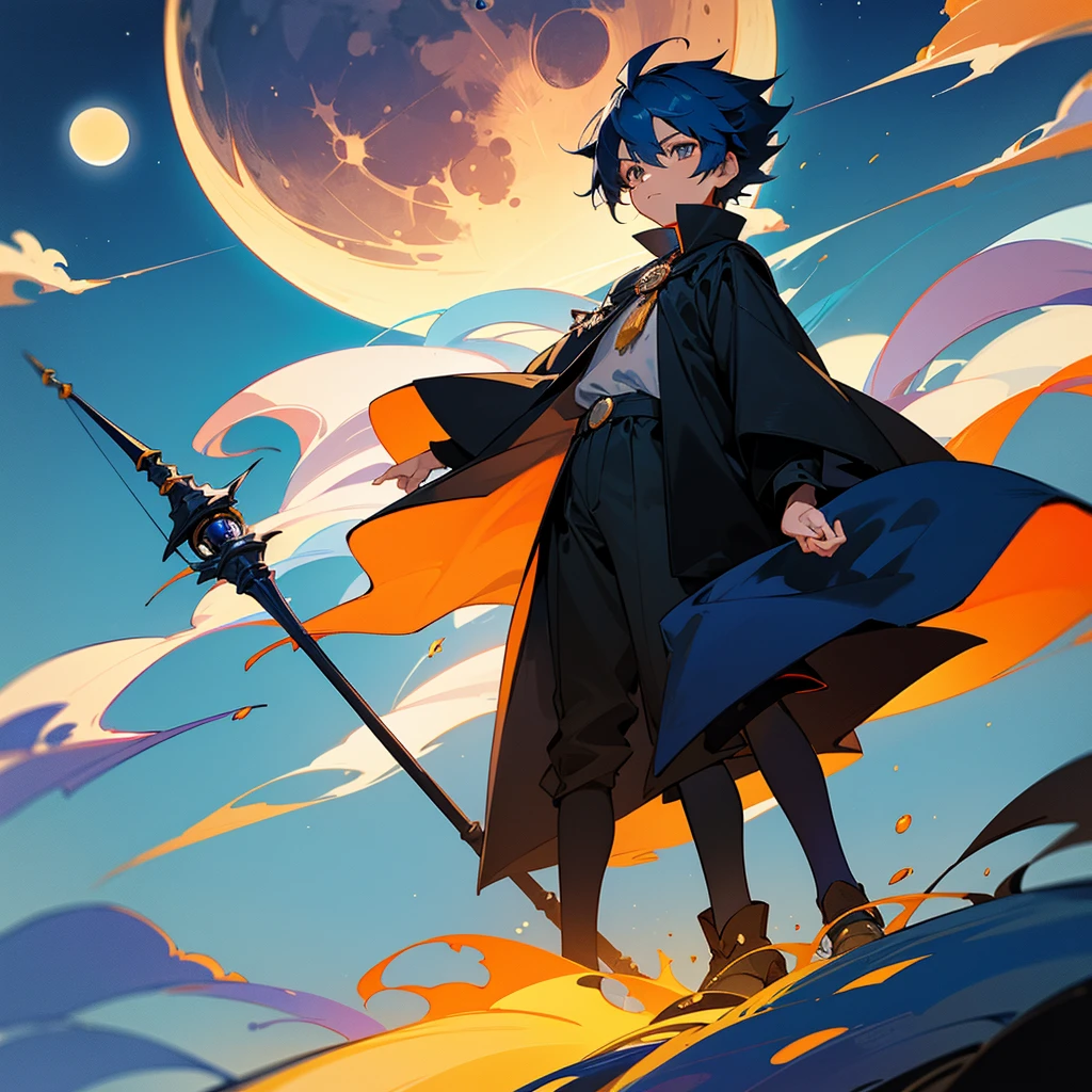 Create a 10-year-old boy who has navy blue hair, who has a half orange and half black shirt, the sun and the moon, who has a blue moon staff that guards his powers and who has the power of the eclipse with his black cloak of the moon and his sun wizard's cottage