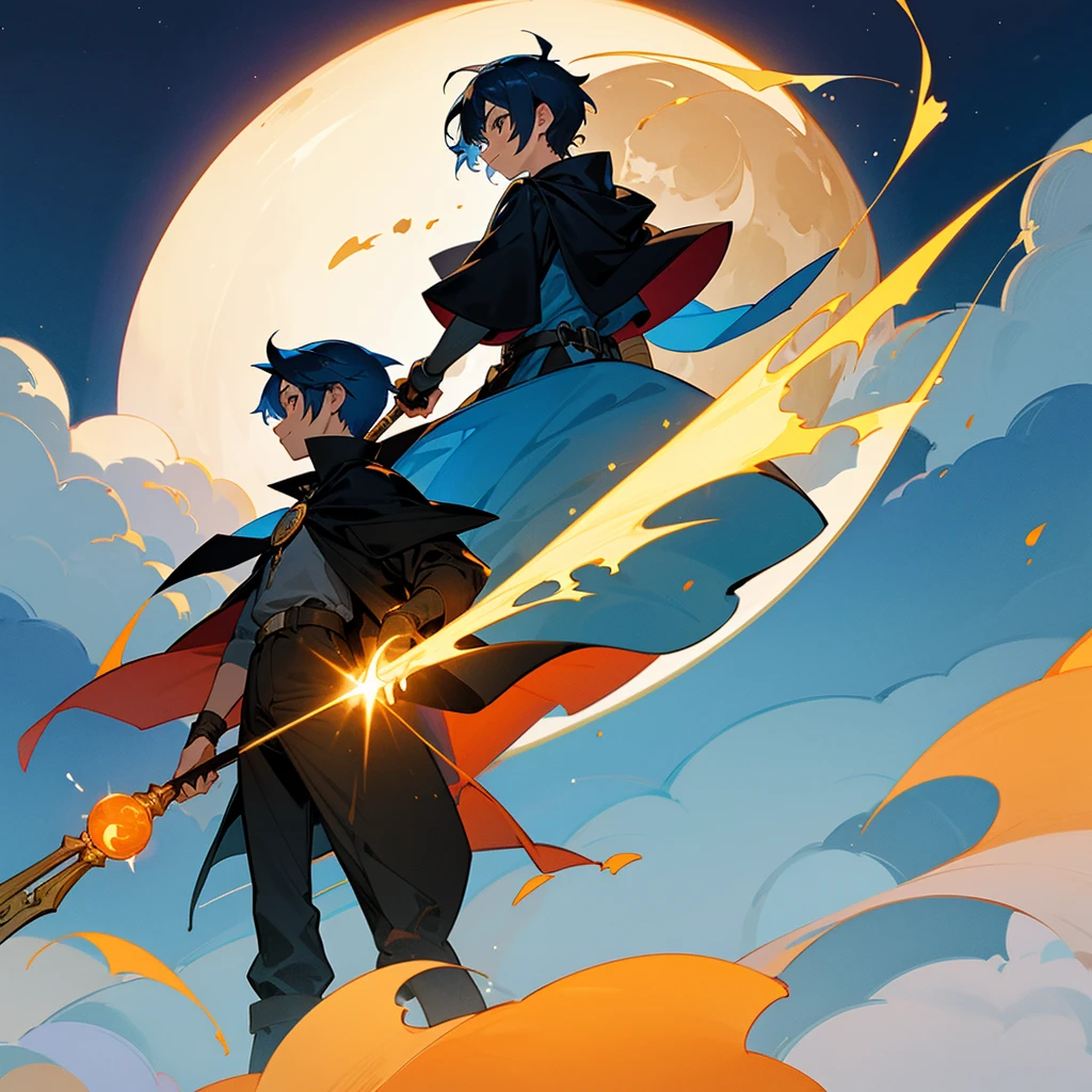 Create a 10-year-old boy who has navy blue hair, who has a half orange and half black shirt, the sun and the moon, who has a blue moon staff that guards his powers and who has the power of the eclipse with his black cloak of the moon and his sun wizard's cottage