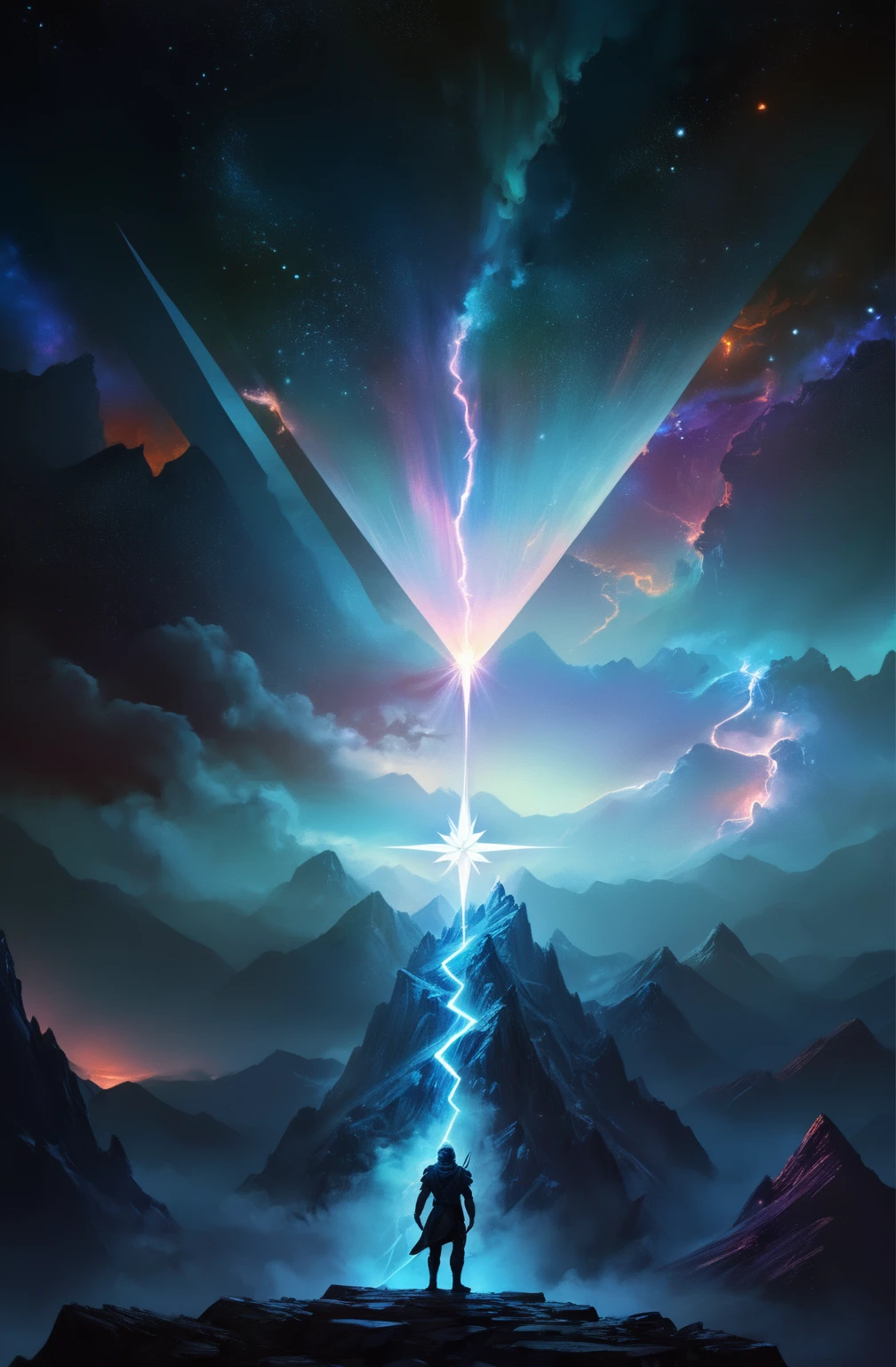 there is a man standing on a mountain with a star in the sky, artgem and beeple masterpiece, beeple artwork, beeple masterpiece, sci-fi digital art, sci-fi magic highly detailed, interdimensional lightning, beeple and tim hildebrandt, sci-fi digital art illustration, beeple art