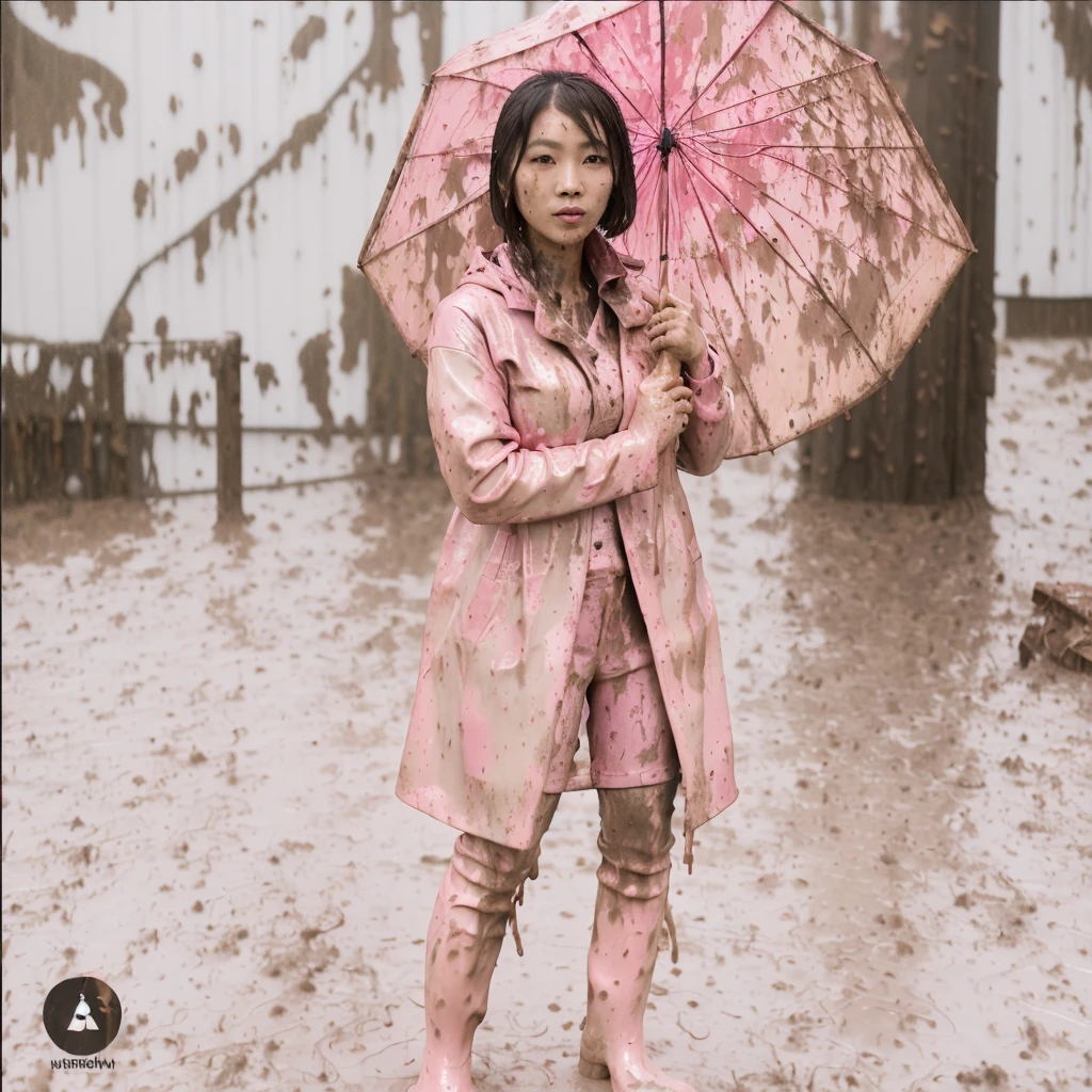 asian lady holding umbrella, cute pose, pink buttoned raincoat, tall pink rain boots, ((((muddy clothes)))), intricate details, highly detailed, masterpiece, 8k, photorealistic, cinematic lighting, vibrant colors, soft focus, elegant, feminine, beautiful, serene, graceful