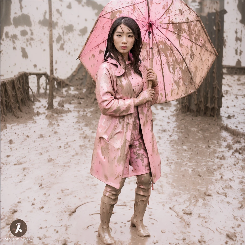 asian lady holding umbrella, cute pose, pink buttoned raincoat, tall pink rain boots, ((((muddy clothes)))), intricate details, highly detailed, masterpiece, 8k, photorealistic, cinematic lighting, vibrant colors, soft focus, elegant, feminine, beautiful, serene, graceful