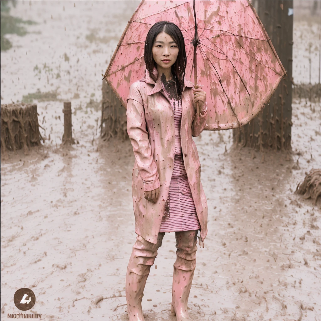 asian lady holding umbrella, cute pose, pink buttoned raincoat, tall pink rain boots, ((((muddy clothes)))), intricate details, highly detailed, masterpiece, 8k, photorealistic, cinematic lighting, vibrant colors, soft focus, elegant, feminine, beautiful, serene, graceful