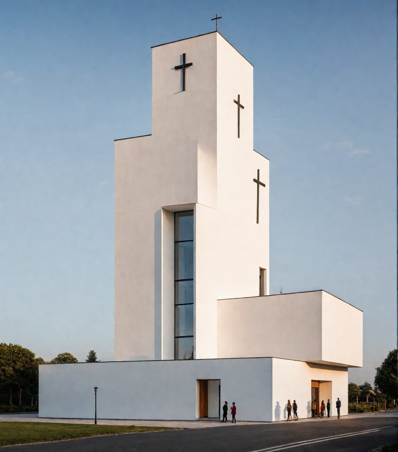 raw photo, best quality, ultra realistic, masterpiece, best quality skin, photography hd, dslr,
tcs, httlvn, modern church, road, people, house, facade design, outdoors, church, white walls, cross on top,
Dusk, sunshine,
