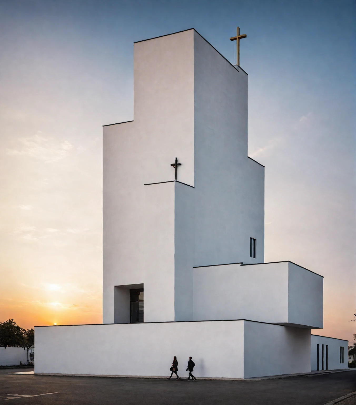 raw photo, best quality, ultra realistic, masterpiece, best quality skin, photography hd, dslr,
tcs, httlvn, modern church, road, people, house, facade design, outdoors, church, white walls, cross on top, 
Dusk, sunshine, 