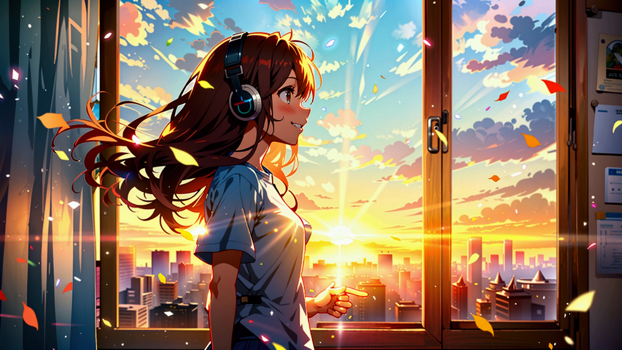 The image should feature a female anime character with a lively and confident expression and a nice smile, standing in a sunlit room with morning light streaming through a window. The character is wearing a favorite shirt, ready to start the day. In the background, depict a vibrant cityscape that transitions to evening, with city lights starting to flicker. The scene should include elements that represent music and dreams, such as musical notes floating around and a sense of motion. The overall atmosphere should be energetic, filled with hope and the promise of a new day