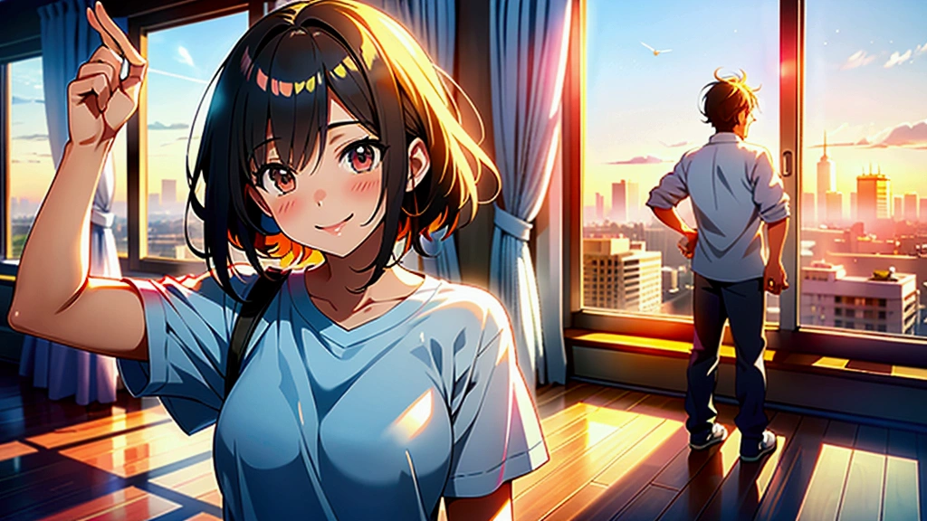 The image should feature a female anime character with a lively and confident expression and a nice smile, standing in a sunlit room with morning light streaming through a window. The character is wearing a favorite shirt, ready to start the day. In the background, depict a vibrant cityscape that transitions to evening, with city lights starting to flicker. The scene should include elements that represent music and dreams, such as musical notes floating around and a sense of motion. The overall atmosphere should be energetic, filled with hope and the promise of a new day