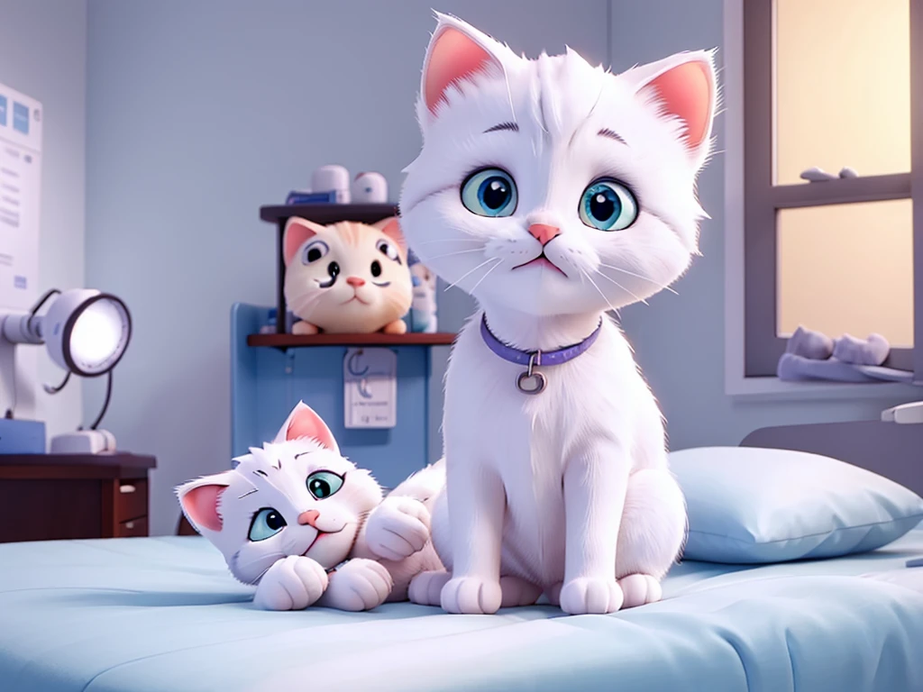 White kitten crying in the hospital after being born next to his hand lying on a bed and nearby is the doctor 
