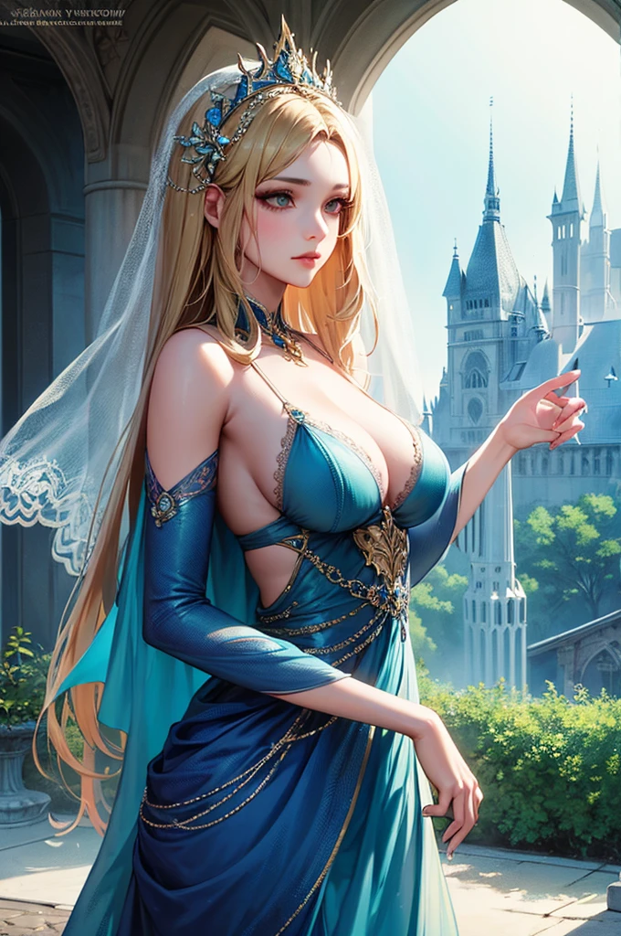 Wearing a blue dress and a veil、Blonde woman with a veil on her head, Beautiful fantasy maiden, Detailed fantasy art, Beautiful fantasy art, Blonde Princess, Art Station pixiv&#39;s artgerm, Beautiful maiden, ((Beautiful Fantasy Empress)), 2. 5d cgi anime fantasy artwork, Fantasy art style, Detailed digital anime art, Fantasy Art