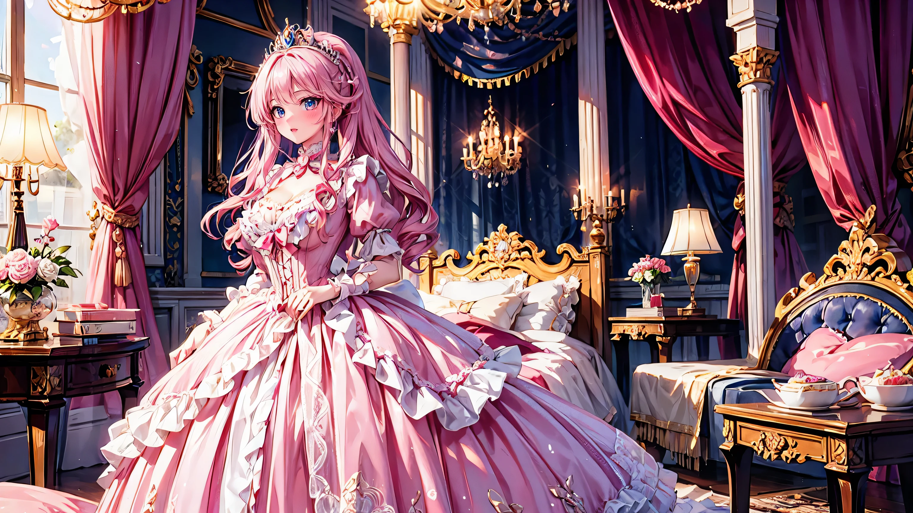 anime moe art style, (Masterpiece, ultra detailed, top quality), (((young face solo princess))), (gown hot pink gown), (((ultra gorgeous rococo victorian gown with voluminous hoopskirt and long hems, princess style skirt))), ((huge breasts)), breasts cleavage, (hair pink hair), (fluffy long ponytail), Expressive hair, very voluminous hair, bangs, super delicate and beautiful face, beautiful lips, (hyper detail delicate beautiful eyes blue eyes), full body, (Palace bedroom, huge victorian canopy bed, pink bedspread with ruffles, fluffy pillows with ruffles, luxurious ruffled pink curtains),