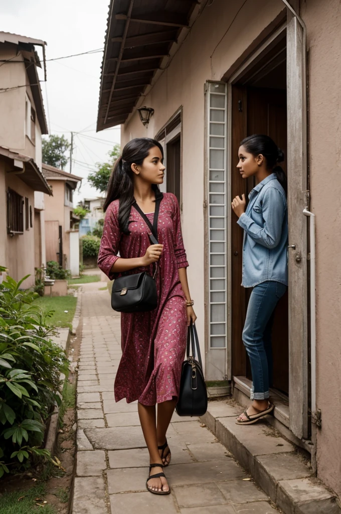 A girl casually going to her neighbour house