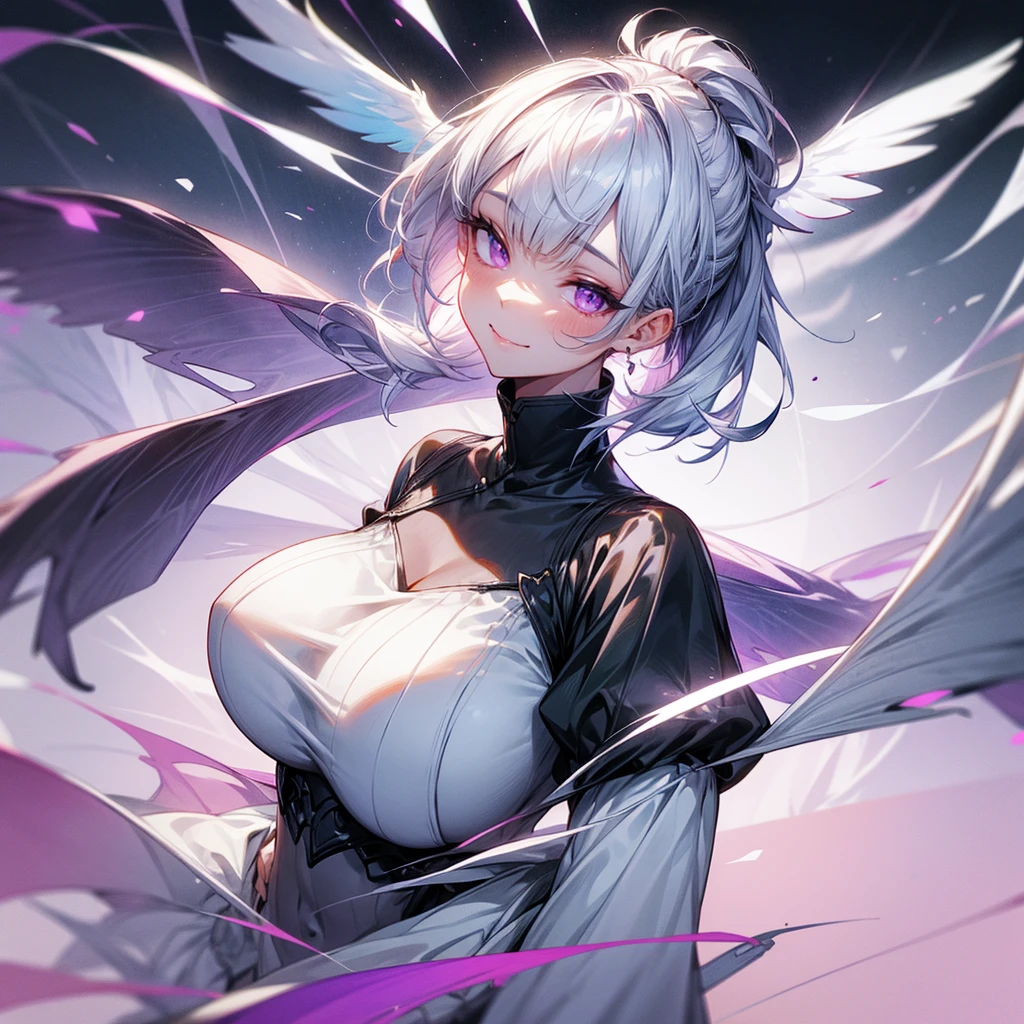 1girl with white hair, pony tail, hair cover left eye,bangs cover left eye, violet eyes, smile, big breasts, big white dress, decolletage, wings on back, standing. Black neck, upper body