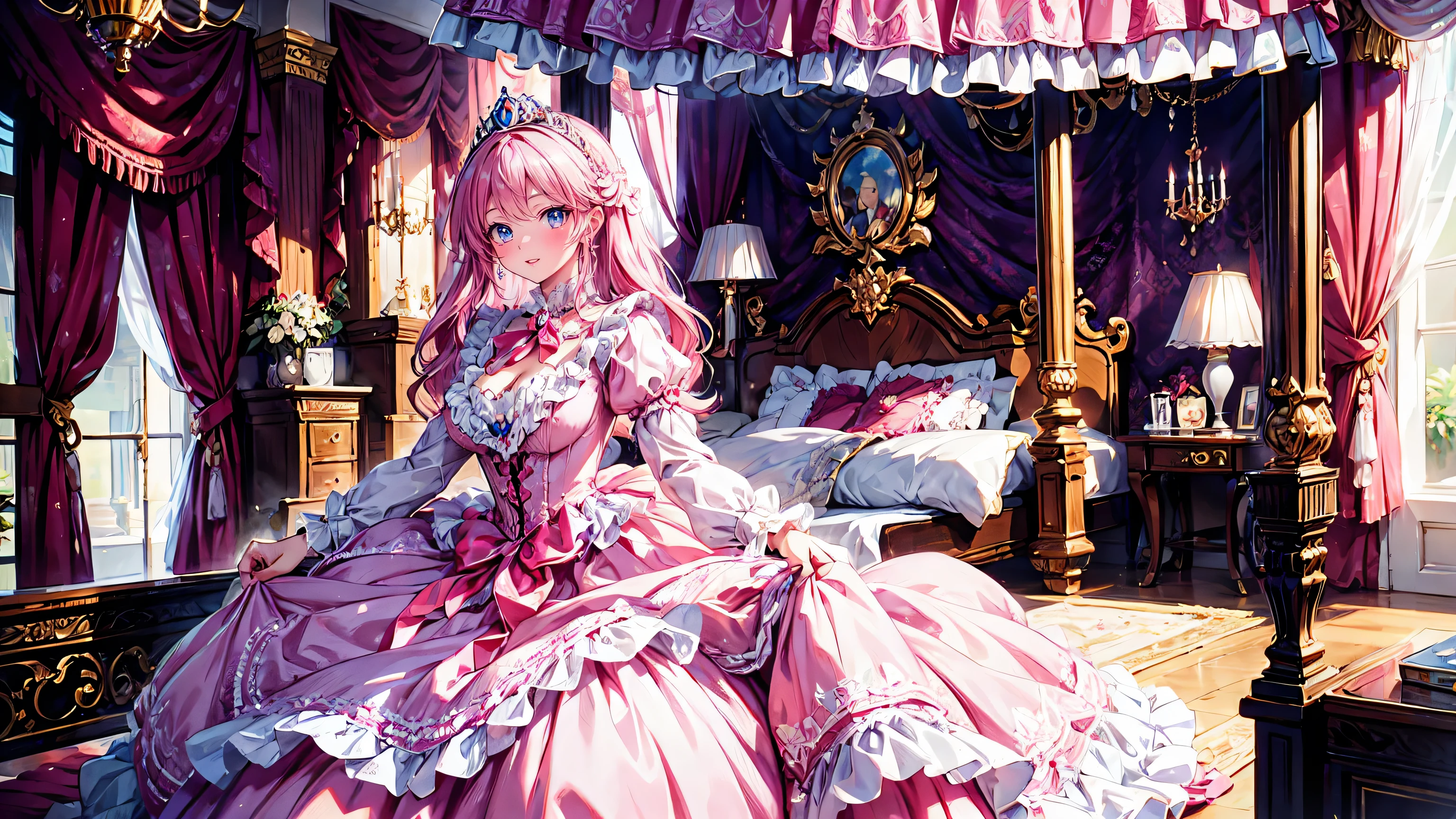 anime moe art style, (Masterpiece, ultra detailed, top quality), (((young face solo princess))), (dress hot pink dres), (((ultra gorgeous rococo victorian gown with volumious hoopskirt and long hems, princess style skirt))), ((huge breasts)), (hair pink hair), (fluffy long ponytail), Expressive hair, very voluminous and very long hair, bangs, super delicate and beautiful face, beautiful lips, (hyper detail delicate beautiful eyes blue eyes), breasts cleavage, beautiful silver tiara, full body, (Palace bedroom, huge victorian canopy bed, pink bedspread with ruffles, fluffy pillows with ruffles, luxurious ruffled pink curtains), 