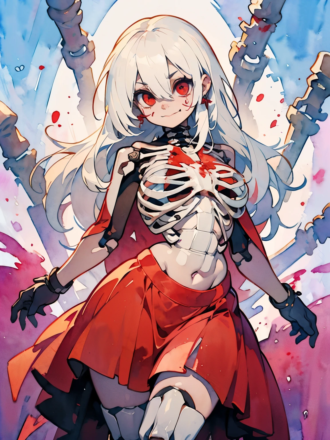masterpiece, Ultra Detailed, best quality, Ultra HD, Ultra-high resolution, (16K), (((watercolor))), ((Anatomically correct)), 1 female, Horrible smiley face, ((Ultra Detailed Blood dress, rib cage, skeleton, Eyes on belly)), Pretty Face, plump, Curvy beauty, (Ultra Detailed eyes, Red Eyes), Long eyelashes, jewelry, cosmetic, Face painting, trumpet, ((Long hair, White hair, Straight Hair)), {{{Dim Lights}}}, ((horror setting, Blood块, Blood溅, Blood)), Egger_ST009