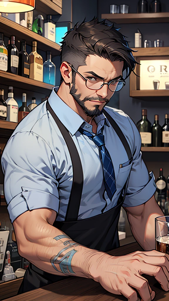 Grey and blue mesh short hair、Glasses、male、bartender、Beard、bar counter