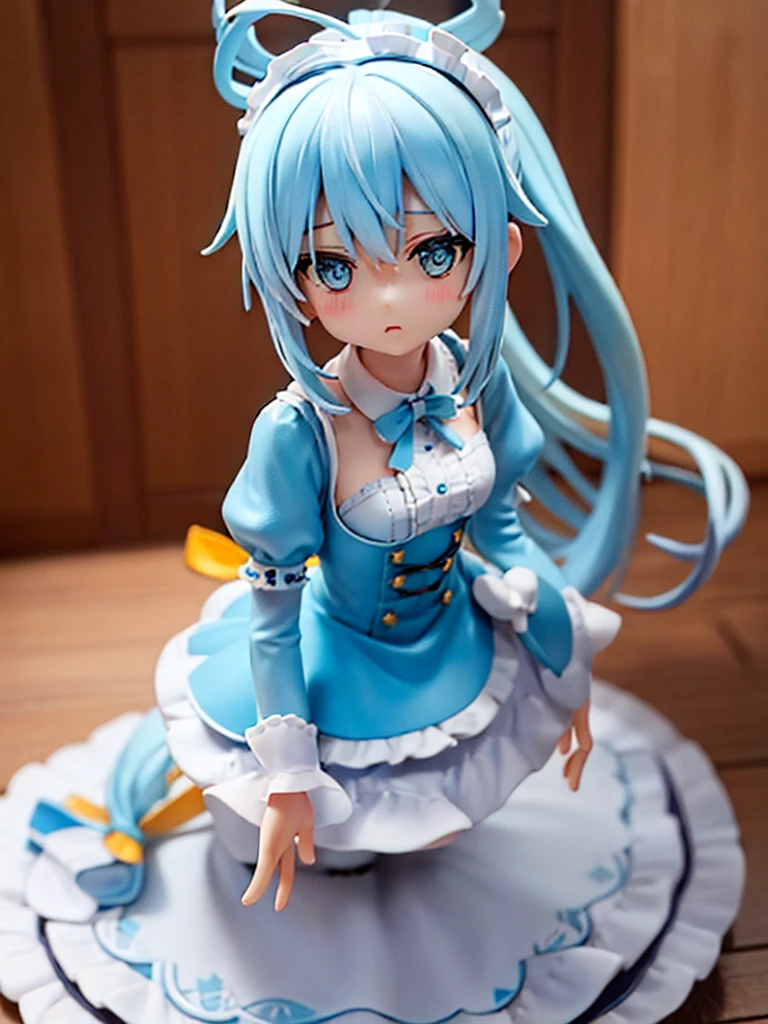 One Girl,Light blue hair,Yellow and light blue eyes,Odd Eye,Long ponytail,Bangs,Ahoge,Maid clothes,Big white ribbon in hair,Android,Figure style,whole body,Character portrait