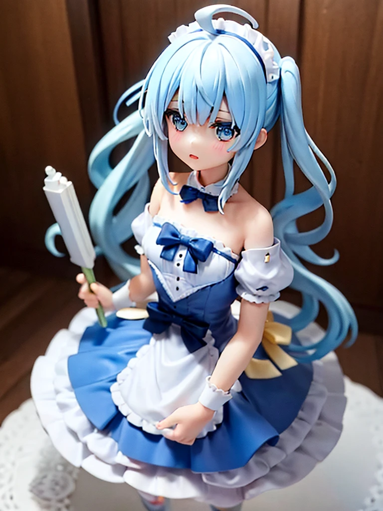 One Girl,Light blue hair,Yellow and light blue eyes,Odd Eye,Long ponytail,Bangs,Ahoge,Maid clothes,Big white ribbon in hair,Android,Figure style,whole body,Character portrait