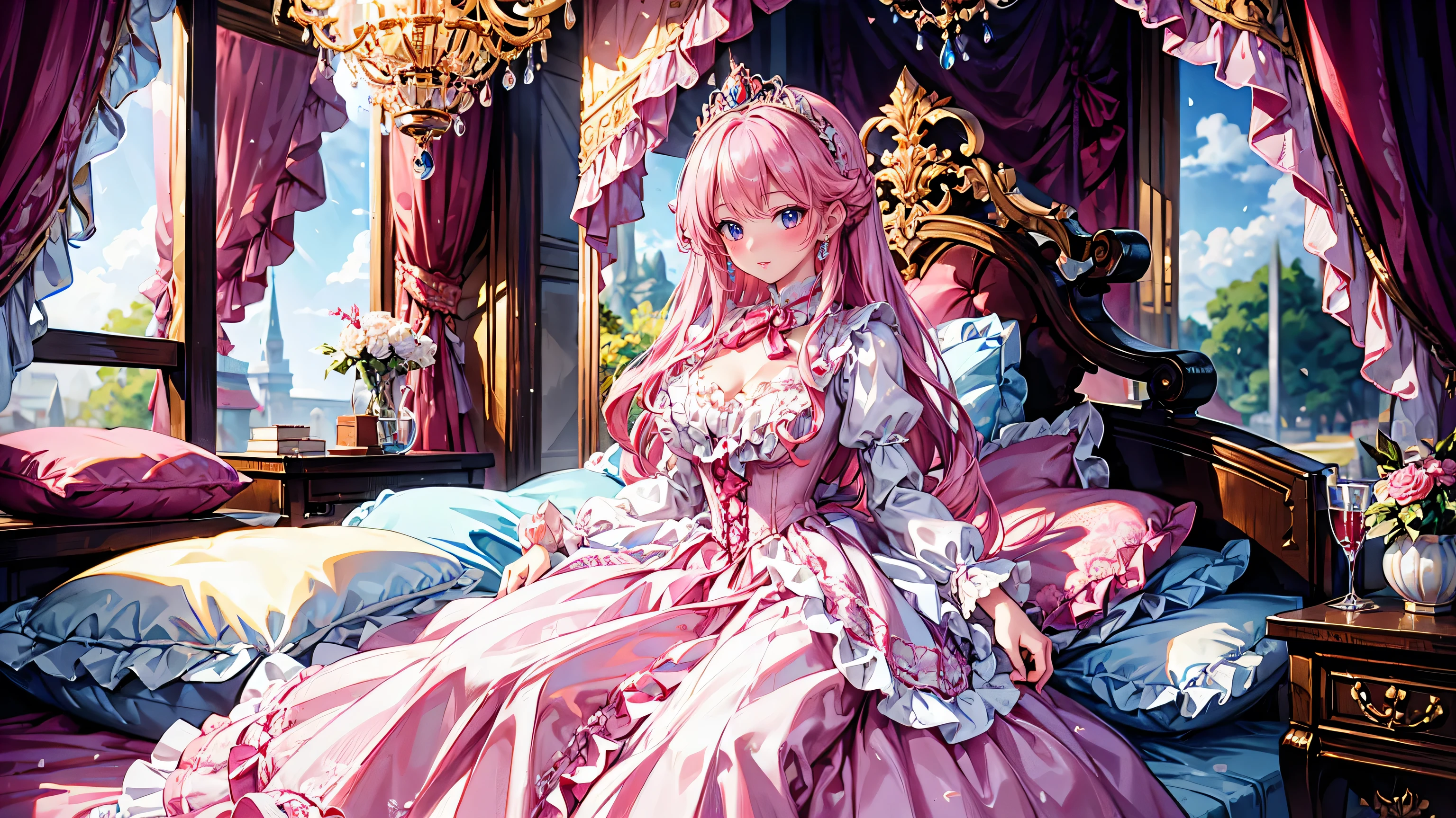 anime moe art style, (Masterpiece, ultra detailed, top quality), (((young face solo princess))), (gown hot pink gown), (((ultra gorgeous rococo victorian gown with voluminous hoopskirt and long hems, princess style skirt))), ((huge breasts)), breasts cleavage, (hair pink hair), (fluffy long ponytail), Expressive hair, very voluminous hair, bangs, super delicate and beautiful face, beautiful lips, (hyper detail delicate beautiful eyes blue eyes), full body, (Palace bedroom, huge victorian canopy bed, pink bedspread with ruffles, fluffy pillows with ruffles, luxurious ruffled pink curtains),