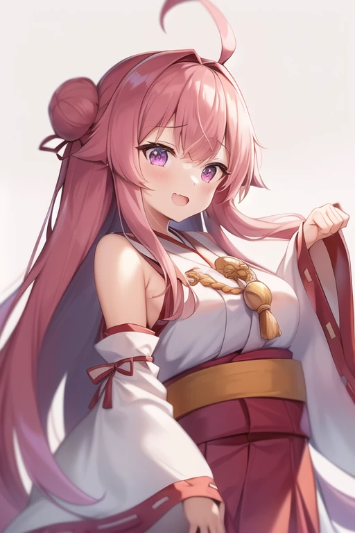 One girl, alone, Long Hair, King Kongu (Kantai Collection),Sakura Miko, Pink Hair, Double Bang, Purple eyes, Hair Bun, Ahoge, Open your mouth, Non-traditional Shrine Maiden, Removable sleeves, Brown eyes, White Background, (headgear):2, (Hair Bunド):2, smile, Sleeves edged with ribbon, Simple Background, kimono, Ribbon trim, View your viewers, username, Upper Body, Wide sleeves, :d, King Kong