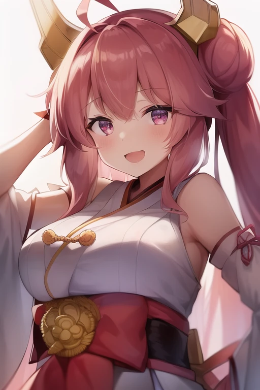One girl, alone, Long Hair, King Kongu (Kantai Collection),Sakura Miko, Pink Hair, Double Bang, Purple eyes, Hair Bun, Ahoge, Open your mouth, Non-traditional Shrine Maiden, Removable sleeves, Brown eyes, White Background, (headgear):2, (Hair Bunド):2, smile, Sleeves edged with ribbon, Simple Background, kimono, Ribbon trim, View your viewers, username, Upper Body, Wide sleeves, :d, King Kong