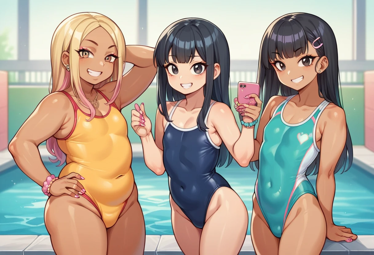 2人の女の子(,young girl ,short stature,gyaru)) ,flat chest,nsfw,plump,one-piece-swimsuit,big head、evilsmiling,black hair,long hair,bobcut.show ass,poolside