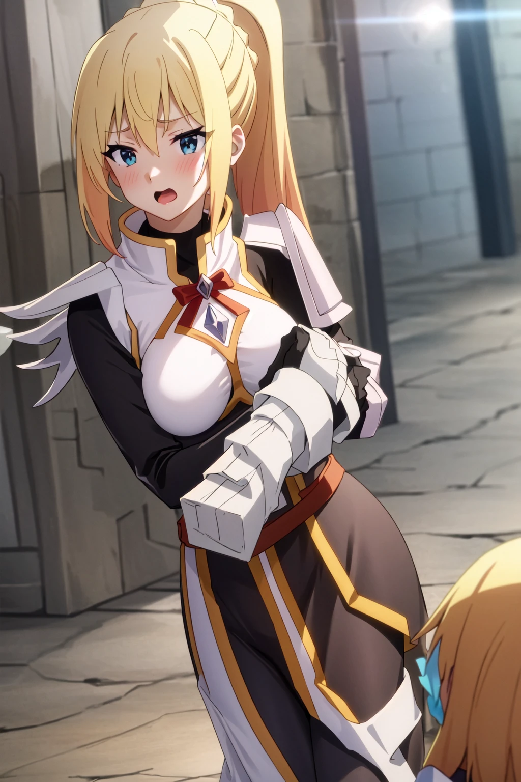 close up,((torn clothes)),torn, fantasy00d, outdoors, front view, top view,{lalatina_dustiness_ford_konosuba}, blonde_hair, long_hair, hair_ornament, x_hair_ornament, ponytail, blue_eyes, parody, open_mouth, 1girl, large breasts, tight clothes, armor, holding, holding_sword, holding_weapon, sword, weapon, gloves, cowboy shot, intricate iris, Beautiful Finger, Beautiful body, Beautiful character design, perfect eyes, perfect face, expressive eyes, perfect balance, official art, extremely detailed CG unity 8k wallpaper, perfect lighting, Colorful, Bright_Front_face_Lighting, (masterpiece:1.0),(best_quality:1.0), ultra high res,4K,ultra-detailed, photography, 8K, HDR, highres, absurdres:1.2, Kodak portra 400, blurry background, bokeh, lens flare, (vibrant_color:1.2), professional photograph, (beautiful_face:1.2), 2d, anime,